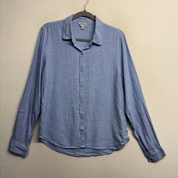 Orvis Blue Linen Blend Button Down Shirt S Women's Roll Sleeve Collared - Picture 1 of 5
